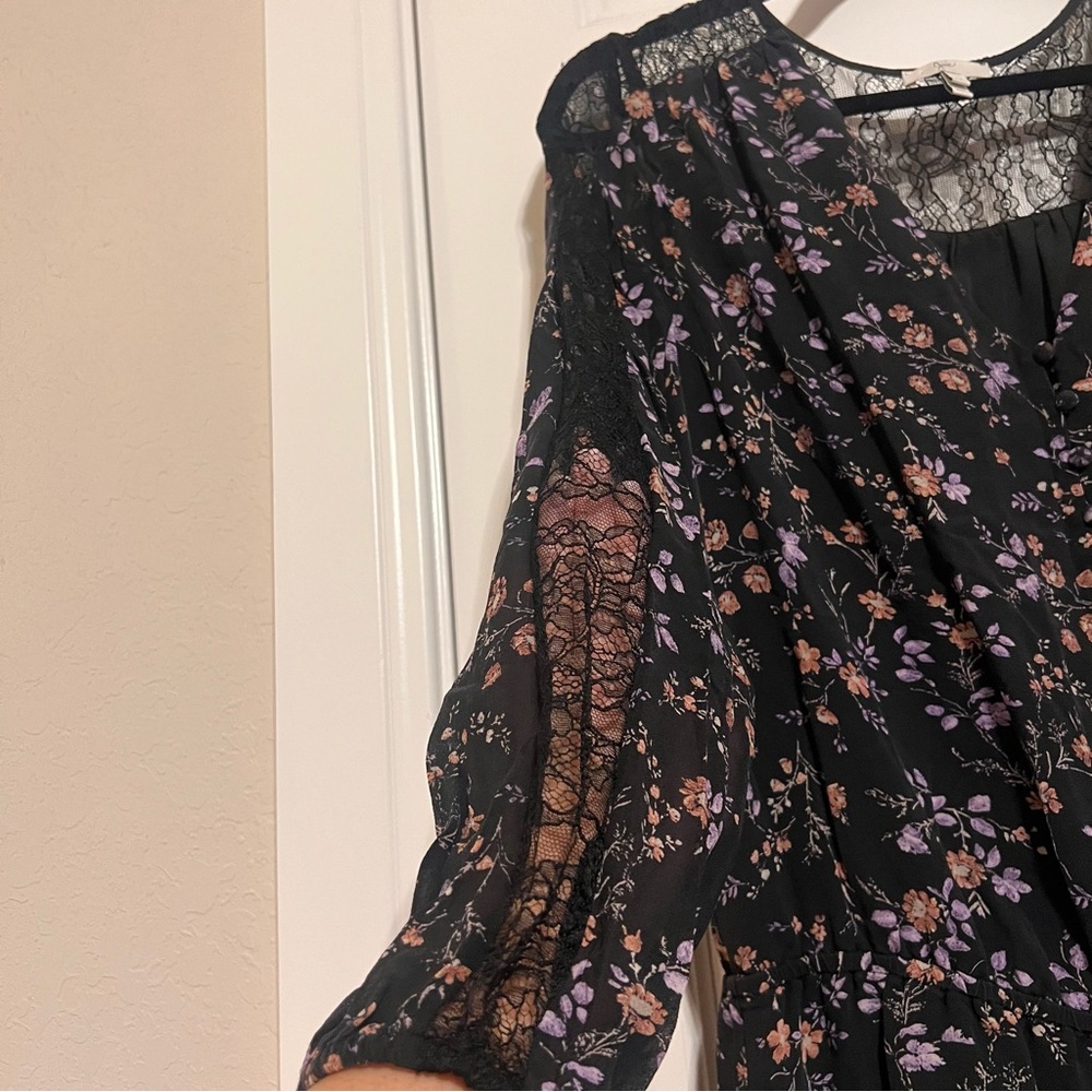 Joie Black Silk Dress with Pink and Purple Floral and Lace - Picture 7 of 11